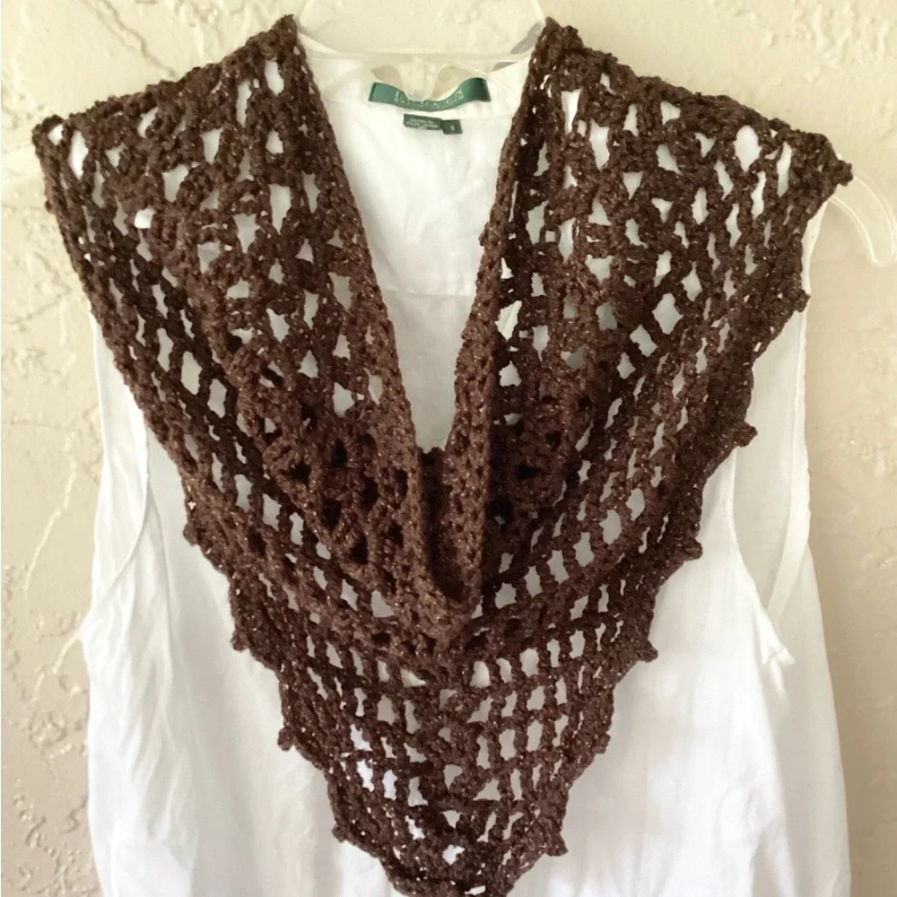 Scarf Triangle Cowl Shawl Hand Crafted Brown Gold Glitter Crochet Overlay